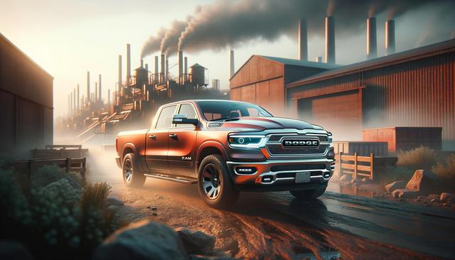 A red pickup truck on a dirt road in an industrial area with smoke stacks in the background.