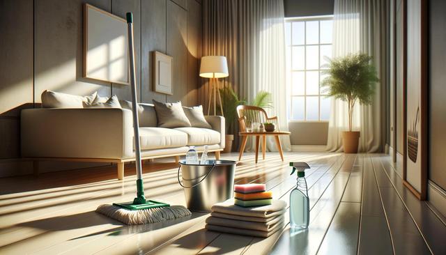 A cozy living room with cleaning supplies, such as a mop, bucket, and spray bottle, placed on the wooden floor.