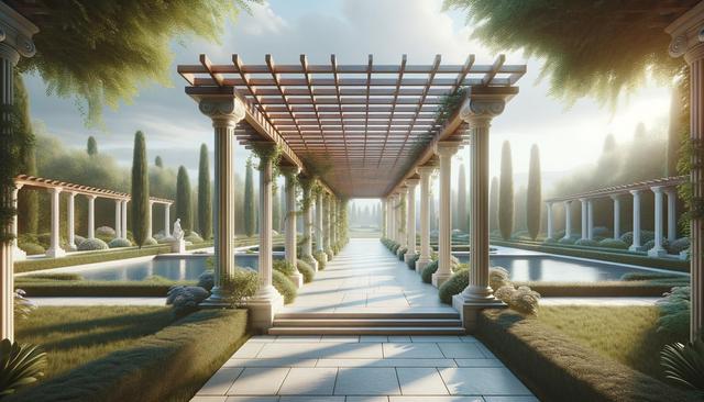 A sunlit garden with a long pergola, classical columns, trimmed hedges, and rectangular pools.