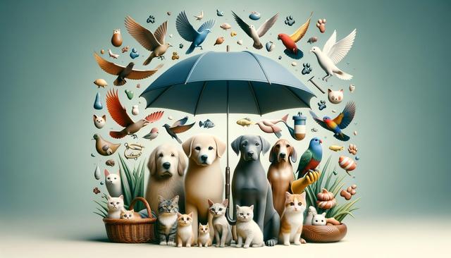 Dogs, cats, and birds around a blue umbrella with flowers and plants.