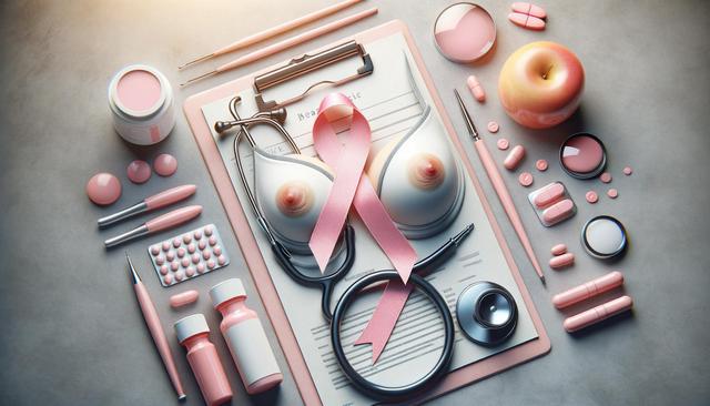 A stethoscope, pink ribbon, and medical forms on a clipboard, surrounded by pink medical items and an apple.