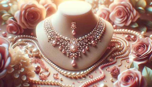 Elegant jewelry set with pearls and gems on display, surrounded by pink roses and soft lighting.