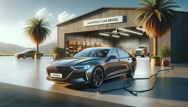 Sleek electric sedan charging outside a car rental garage with palm trees and mountains in the background.