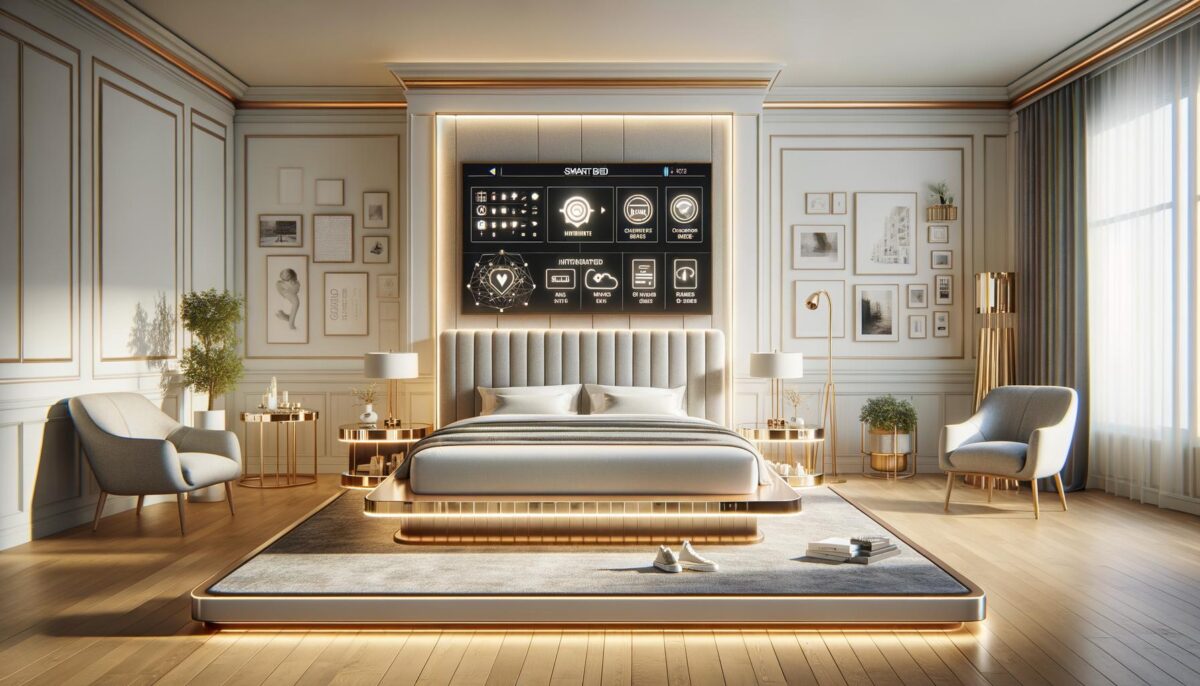 Luxurious bedroom with a smart bed, elegant decor, soft lighting, armchairs, and framed art on the walls.