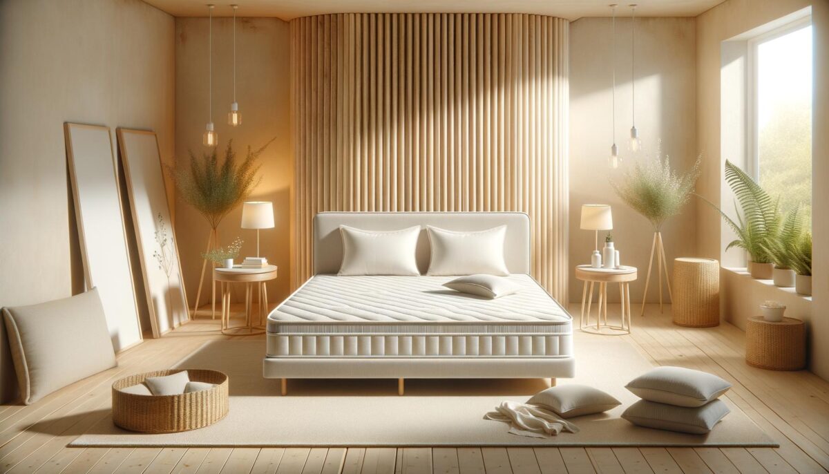 Minimalist bedroom with a wooden backdrop, soft bedding, plants, and warm lighting.