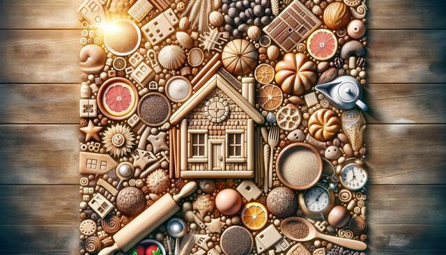 Creative arrangement of kitchen and food items forming a house shape on a wooden background.
