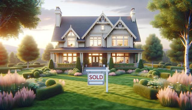 A beautiful house with a "Sold" sign in a landscaped garden at sunset.
