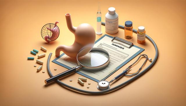 Medical-themed image with a stomach model, pills, stethoscope, magnifying glass on a diagnosis form.