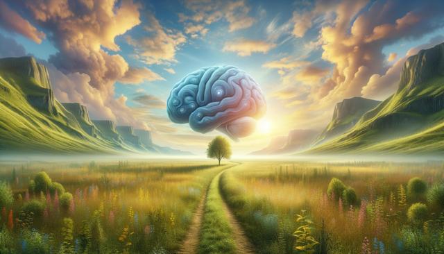 Surreal landscape with a giant floating brain above a sunset-lit path and tree.
