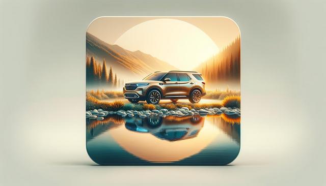 SUV on rocks beside a reflective lake, surrounded by mountains and trees at sunrise.