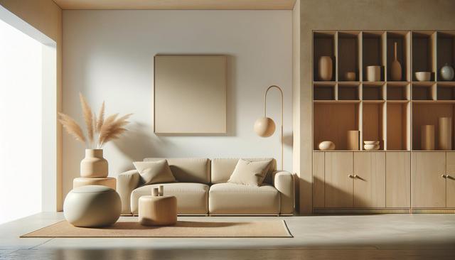 Minimalist living room with a beige sofa, pampas grass, wall art, and wooden shelves.