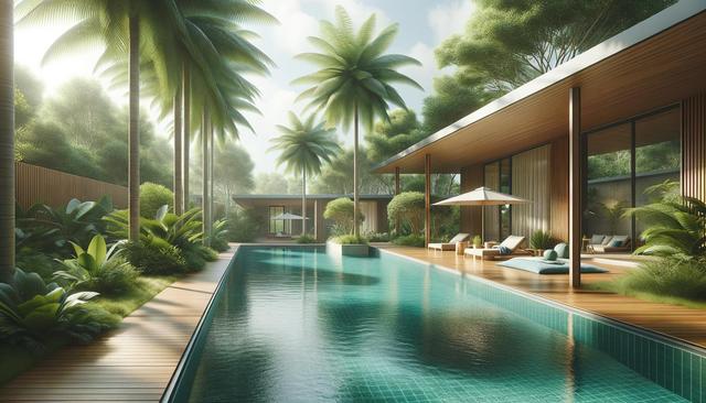 A serene poolside with lush greenery, palm trees, wooden deck, and modern sun loungers under a canopy.