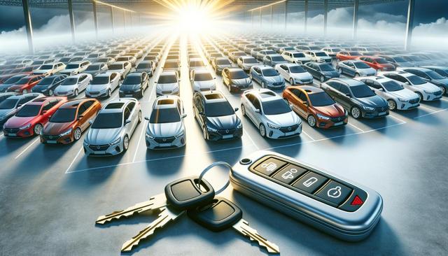 Rows of parked cars under a roof with a car key and fob in the foreground.