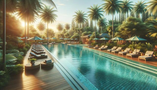 Luxurious poolside area with lounge chairs and sun umbrellas, surrounded by lush palm trees and greenery, bathed in warm sunlight.
