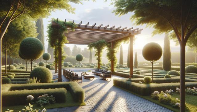 A serene garden with a pergola, topiary trees, hedges, and outdoor seating in soft sunlight.