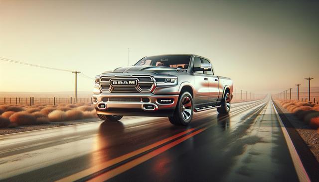 A silver pickup truck on a wet desert road at sunset, with telephone poles lining the road.