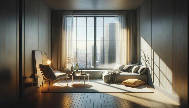 A cozy, modern room with large windows, sunlight streaming in, a chair, a side table, and a daybed with cushions.