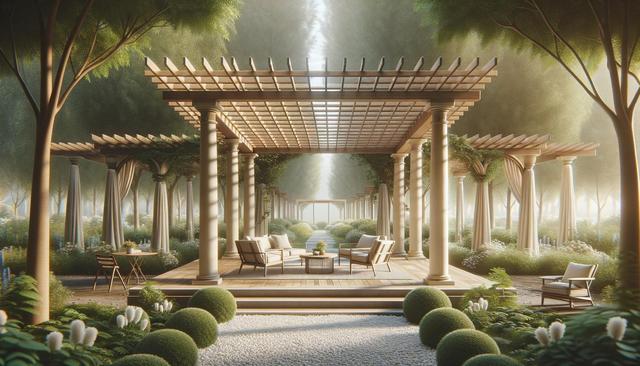 A tranquil garden with a wooden pergola, surrounded by lush greenery, flowers, and outdoor seating.