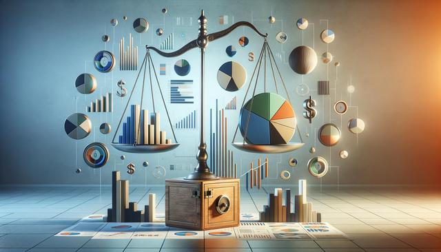 A balance scale with charts and graphs, symbolizing financial balance and analysis.