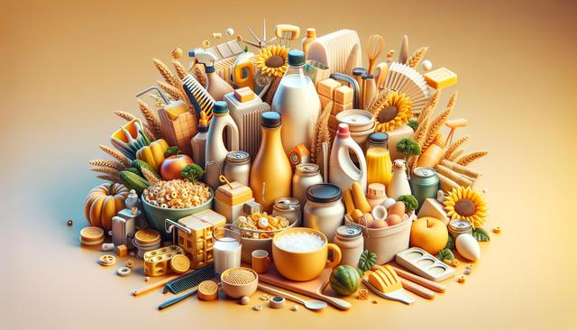 A colorful arrangement of various groceries, including drinks, cereals, vegetables, canned goods, and flowers.