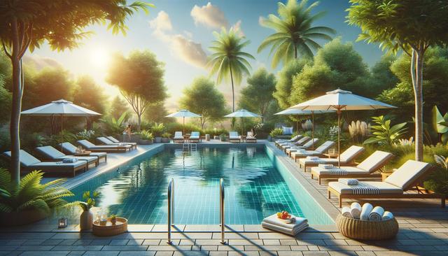 Luxurious outdoor pool surrounded by lounge chairs, umbrellas, palm trees, and lush greenery under a sunny sky.