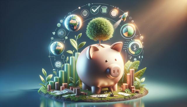 A piggy bank with a tree on top, surrounded by plants, coins, and financial icons.