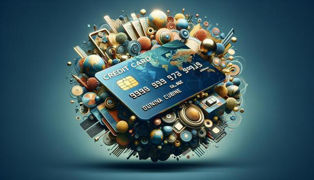 A digital art piece shows a credit card floating amidst colorful, abstract financial symbols and globes.