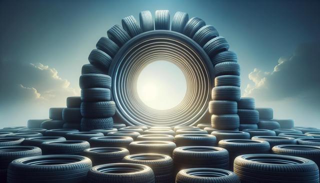 A large archway made of stacked tires under a cloudy sky with sunlight shining through.
