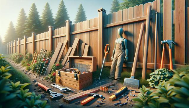 Tools and wooden planks arranged near a wooden fence, with a mannequin in overalls, surrounded by plants and trees.