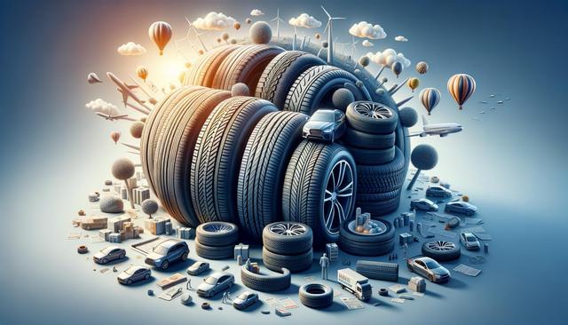 Surreal landscape with large tire hills, small cars, planes, hot air balloons, and wind turbines under a blue sky.