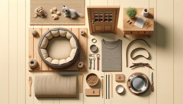 Overhead view of neatly arranged pet items including a bed, bowls, wooden toys, collars, and decor on a beige surface.