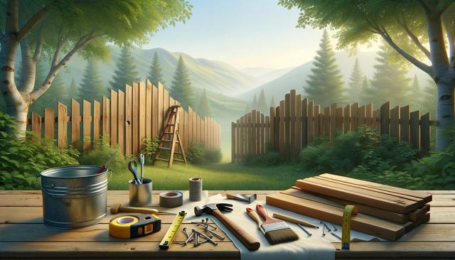 Wooden fence in a forest setting with tools and materials on a table, suggesting construction or repair.