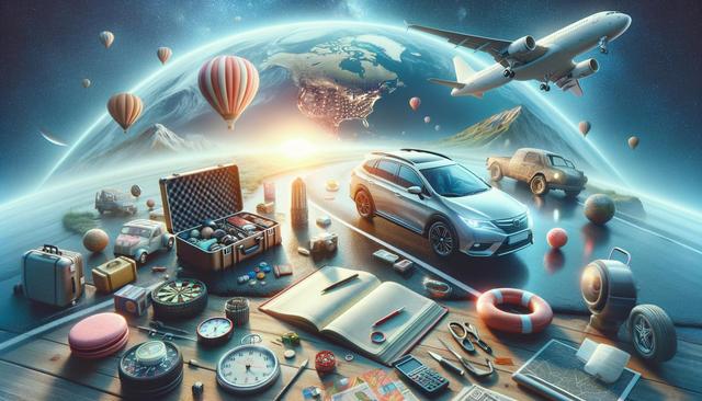 Surreal landscape with a car on a road surrounded by luggage, travel items, balloons, and a plane above Earth.