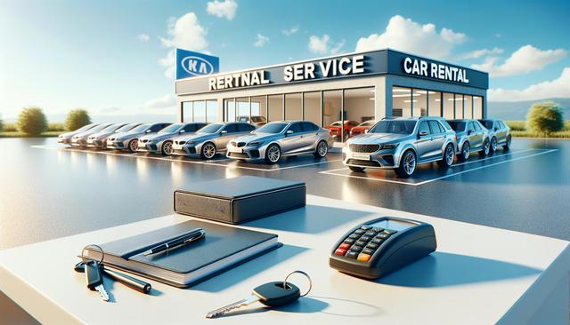 Row of parked cars in front of a car rental office, with keys, a notebook, and a payment terminal on a desk.