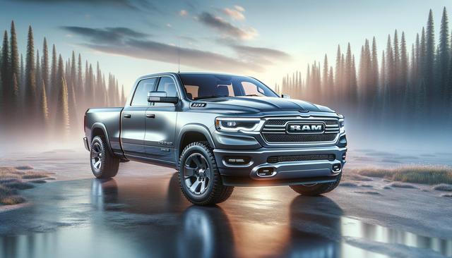 A sleek pickup truck on a wet, reflective surface with foggy forest background.
