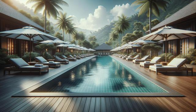 Luxurious pool with palm trees, lounge chairs, and umbrellas, set between modern buildings with mountain views.
