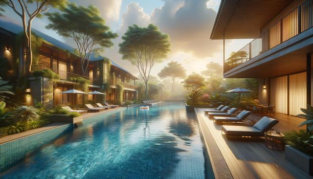 Lush greenery surrounds a tranquil pool at a luxurious resort, with lounge chairs and sun umbrellas.