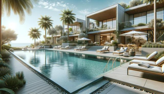 Luxurious modern villa with a large pool, palm trees, sun loungers, and ocean view.