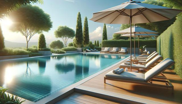 Luxurious poolside scene with sun loungers, umbrellas, trees, and soft sunlight.