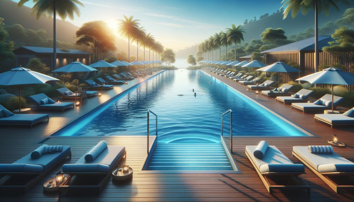Luxurious pool with lounge chairs, umbrellas, and palm trees at sunset.