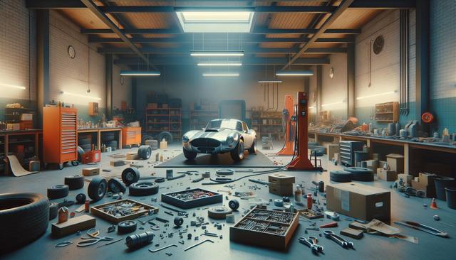 A cluttered garage with tools, spare tires, and an old car in the center under ceiling lights.