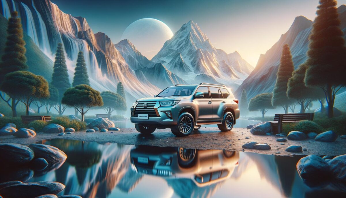 A silver SUV is parked by a reflective lake, surrounded by trees and snow-capped mountains under a large moon.