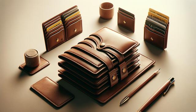 Neatly arranged brown leather stationery set with wallets, a pen, and a pencil.
