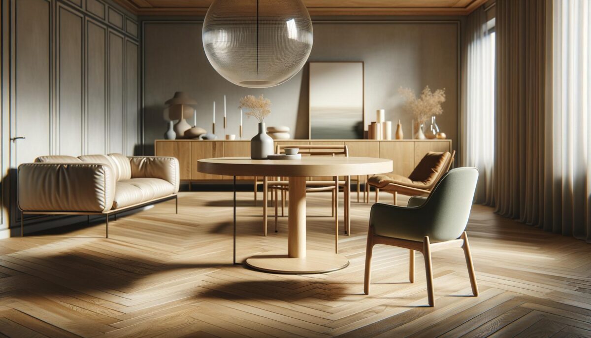 A modern living room with a round wooden table, beige sofa, green chair, and large pendant light, featuring neutral tones.