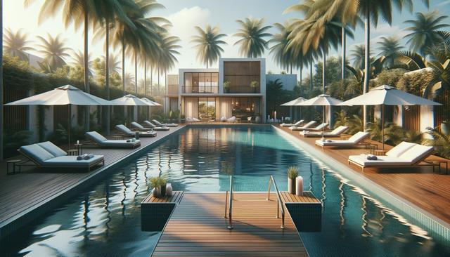 Luxurious tropical poolside with palm trees, lounge chairs, umbrellas, and a modern building in the background.