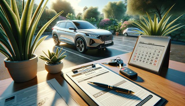 SUV in a sunlit parking lot, seen from an office desk with plants, clipboard, and keys.