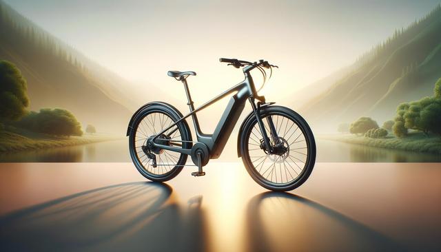 Futuristic e-bike with sleek design, set against a serene mountain and river landscape at sunrise.