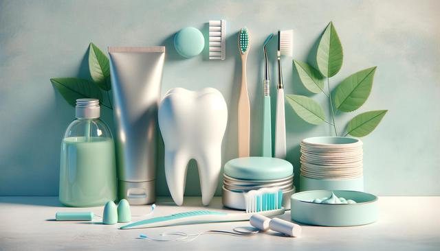 Dental care products including a toothpaste tube, toothbrushes, mouthwash, floss, dental picks, and a tooth model against a mint green backdrop with leaves.