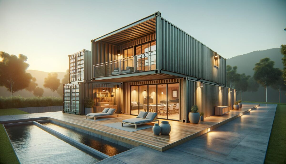 Modern container home with large windows, a wooden deck, and a pool, set against a sunset backdrop.