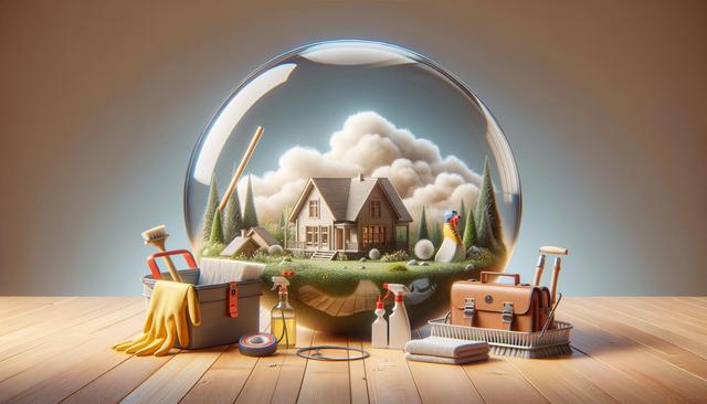 A model house and trees inside a glass dome, surrounded by cleaning supplies on a wooden floor.
